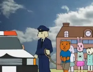 An anthropomorphic dog in a police uniform leads a handcuffed bear toward a police car, with other animal characters standing in the background.