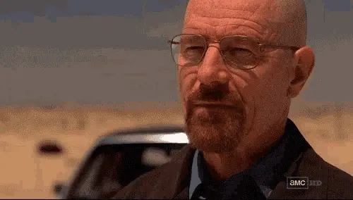 Walter White in a desert setting, looking sternly at the camera, followed by a cut to Declan, then back to Walter White saying his iconic lines.